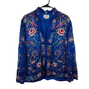 Vtg Plum Blossom Embroidered Top Jacket Womens 38 Blue Floral Birds Silk Blend *